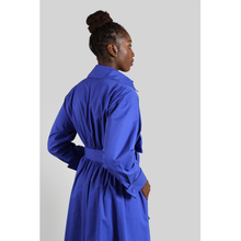 Load image into Gallery viewer, Cotton Belted Gathered Maxi Shirt Dress in Vivid Blue 6