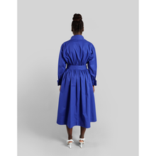 Load image into Gallery viewer, Cotton Belted Gathered Maxi Shirt Dress in Vivid Blue 9