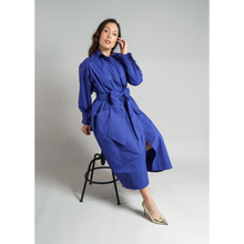 Load image into Gallery viewer, Cotton Belted Maxi Gathered Shirt Dress  in Vivid Blue