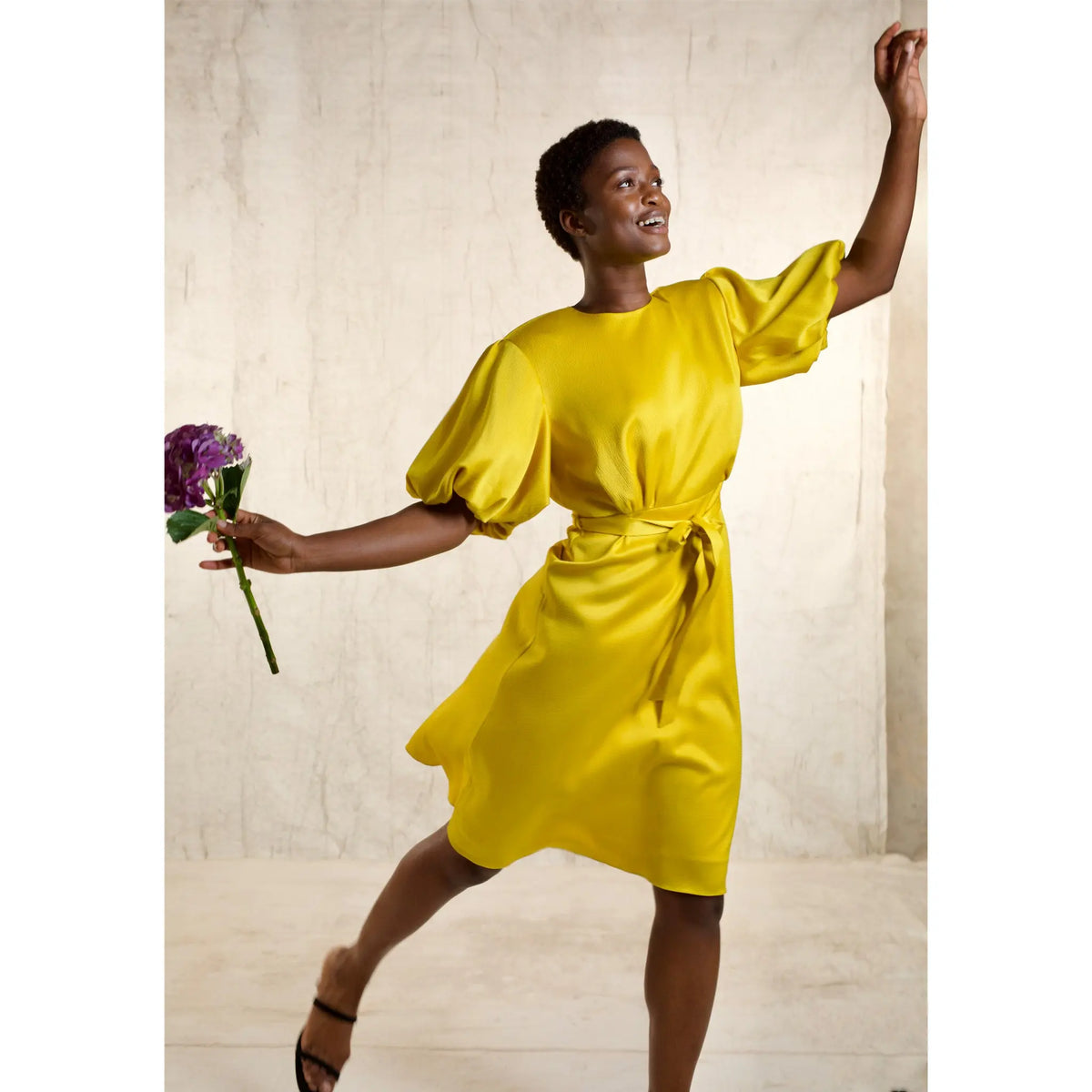 Golden Yellow Belted Puff Sleeve Designer Dress UK8/EU36/US4 Golden Yellow Belted Puff Sleeve Designer Dress UK8/EU36/US4