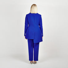 Load image into Gallery viewer, Back view of the Femponiq Asymmetric Double-Breasted Tailored Blazer in Royal Blue, showcasing its sleek fit, asymmetric design, and elegant details.