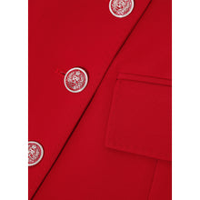 Load image into Gallery viewer, Femponiq Asymmetric Double Breasted Pleated Blazer Dress in Red - Front Product Picture featuring Close-Up Button and PickStitchingDetail.
