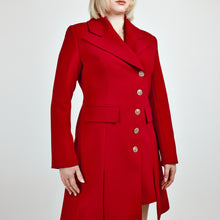 Load image into Gallery viewer, Close-up view of the Femponiq Asymmetric Pleated Blazer Dress in Red, featuring a tailored fit, asymmetric pleated design, and bold, elegant silhouette.