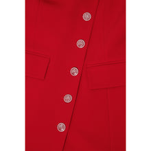 Load image into Gallery viewer, Femponiq Asymmetric Double Breasted Pleated Blazer Dress in Red - Front Product Picture featuring Asymmetric Closure with Button Detail.