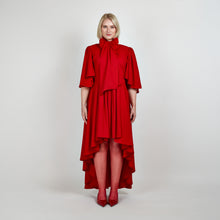 Load image into Gallery viewer, Front view of the Femponiq Bow Tie Neck Cape Sleeve Maxi Dress in Deep Red, showcasing its elegant bow tie neckline, flowing cape sleeves, and floor-length silhouette.