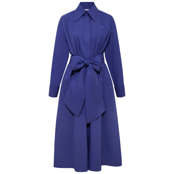 Cotton Belted Maxi Gathered Shirt Dress Vivid Blue - Front Product Picture Dress