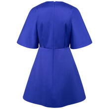 Load image into Gallery viewer, Pleated Shoulder Kimono Sleeve Satin Duchess Dress Royal Blue - Back Product Picture