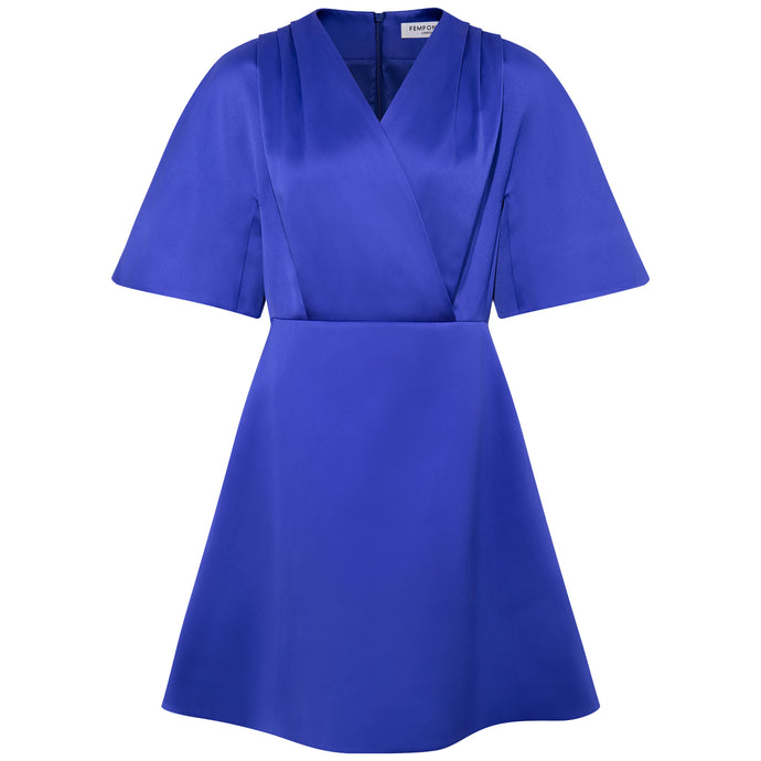 Pleated Shoulder Kimono Sleeve Satin Duchess Dress Royal Blue - Front Product Picture