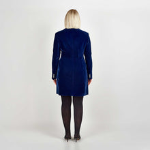 Load image into Gallery viewer, Model wearing Femponiq Velvet Tailored Blazer Dress in Royal Blue, showcasing a back view with a fitted silhouette and elegant design.