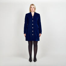 Load image into Gallery viewer, Model wearing Femponiq Velvet Tailored Blazer Dress in Royal Blue, showcasing a front view with a fitted silhouette and elegant design.