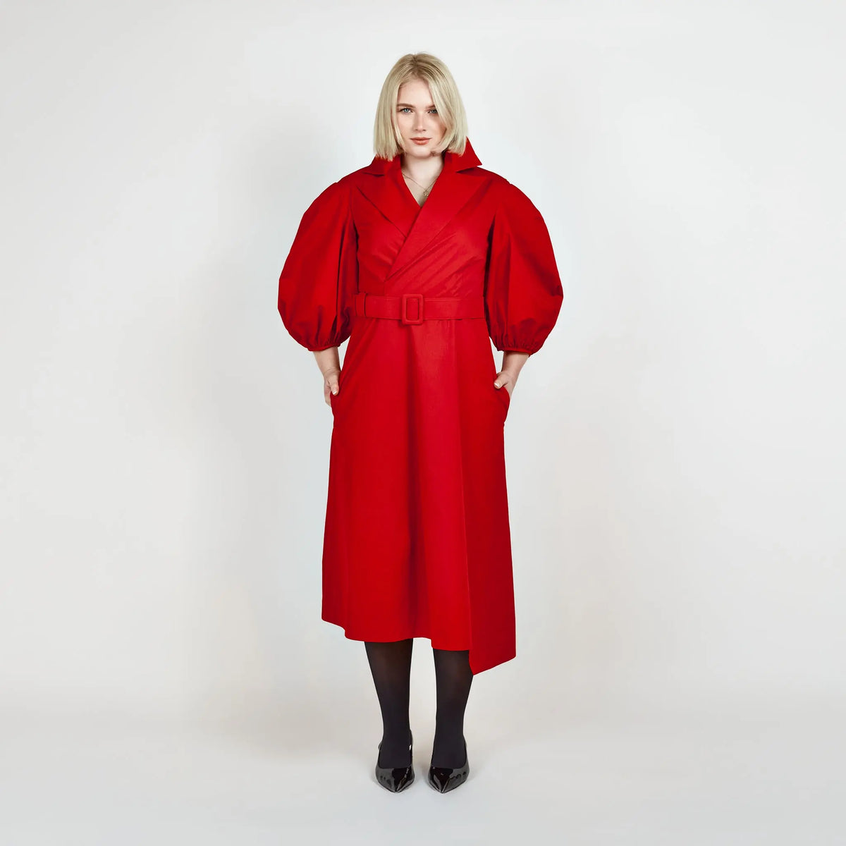 Designer Wide Lapel Red Belted Dress – Femponiq