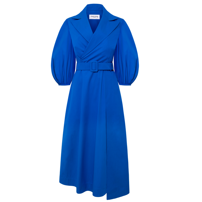 Wide Lapel Asymmetric Belted Midi Cotton Dress---Blue