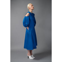 Load image into Gallery viewer, Model Is Wearing Asymmetric A-Line Cotton Dress in Blue - Front Side  View