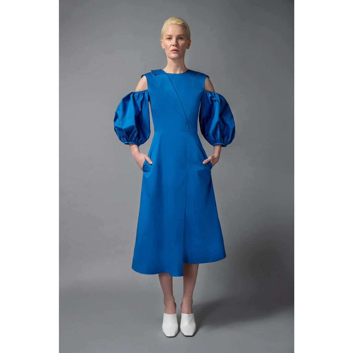 Blue Cotton A-Line Dress with Asymmetric Lapel | FEMPONIQ Femponiq Blue Cotton A-Line Dress with Asymmetric Lapel | FEMPONIQ Femponiq