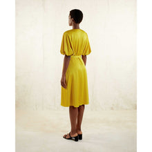 Load image into Gallery viewer, Puff Sleeve  Satin Dress in Yellow -  Back