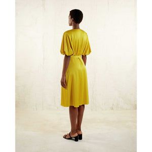Puff Sleeve  Satin Dress in Yellow -  Back 