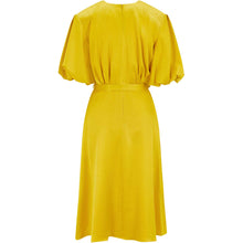 Load image into Gallery viewer,  Puff Sleeve  Satin Dress in Yellow - Back Product Picture
