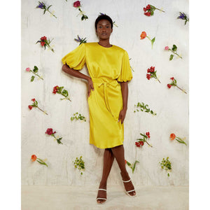 Puff Sleeve  Satin Dress in Yellow - Front