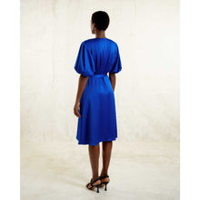 Load image into Gallery viewer, Puff Sleeve Satin Dress in Royal Blue-Back
