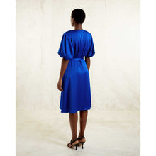 Load image into Gallery viewer, Puff Sleeve Satin Dress in Royal Blue-Back