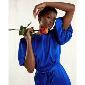 Puff Sleeve Satin Dress in Royal Blue-Front Close Up