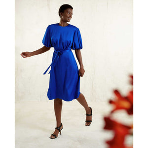 Puff Sleeve Satin Dress in Royal Blue-Front Side