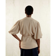 Load image into Gallery viewer, Puff Sleeve Notched Lapel Blouse in Beige - Back