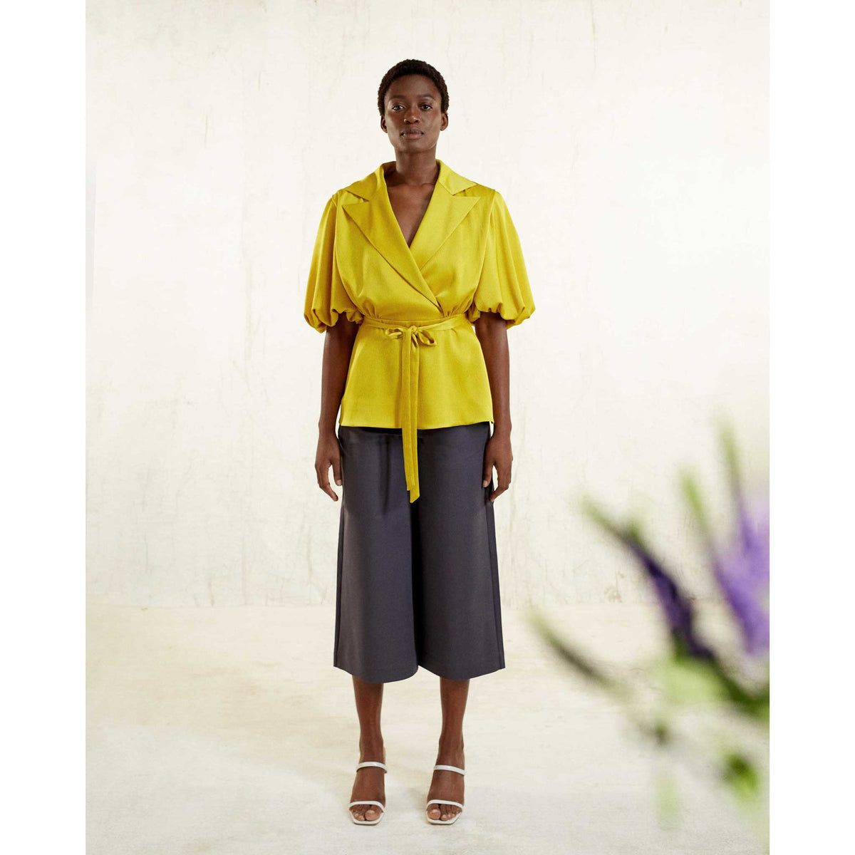 Golden Yellow Draped Puff Sleeve Tailored Blouse | Femponiq