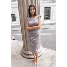 Load image into Gallery viewer, Grey Cotton-Blend Sateen Pencil Skirt  | Femponiq
