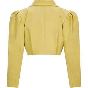 Puff Shoulder Cropped Cotton Blazer in Mustard Yellow - Back Product Picture
