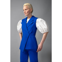 Load image into Gallery viewer, Model Is Wearing Sleeveless Royal Blue Cotton Blazer - Close Up Front View