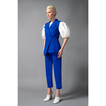Load image into Gallery viewer, Model Is Wearing HigH Waisted Royal Blue Cropped Cotton Trouser - Front Side View 
