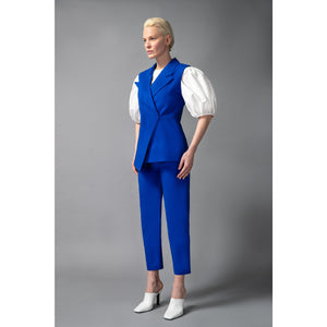 Model Is Wearing HigH Waisted Royal Blue Cropped Cotton Trouser - Front Side View 