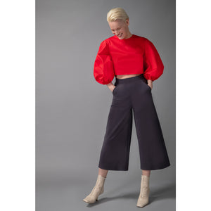 High Waisted Wide Leg Cropped Trouser in Grey - Front Side