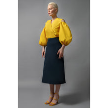 Load image into Gallery viewer, Model is Wearing High Waisted Navy A-Line Cotton Skirt - Front View
