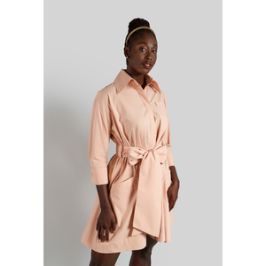 Belted Gathered Cotton Shirt Dress  (Peach)