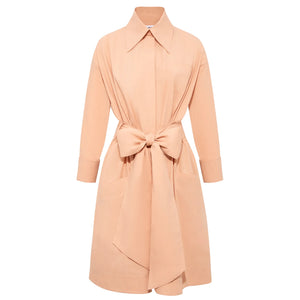 Belted Gathered Cotton Shirt Dress Peach