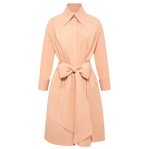 Belted Gathered Cotton Shirt Dress  (Peach)