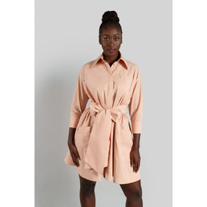 Belted Gathered Cotton Shirt Dress Peach 8