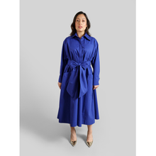 Load image into Gallery viewer, Cotton Belted Maxi Gathered Shirt Dress Vivid Blue 
