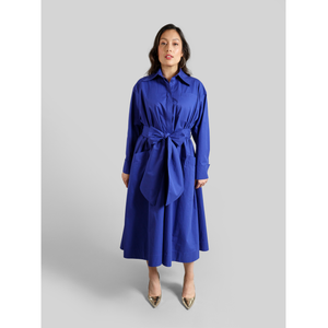 Cotton Belted Maxi Gathered Shirt Dress Vivid Blue 