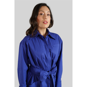Cotton Belted Gathered Maxi Shirt Dress 3 Vivid Blue