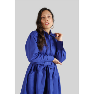 Cotton Belted Gathered Maxi Shirt Dress 4 Vivid Blue