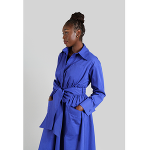 Cotton Belted Gathered Maxi Shirt Dress in Vivid Blue 7
