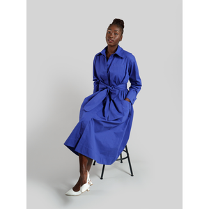 Cotton Belted Gathered Maxi Shirt Dress in Vivid Blue 8