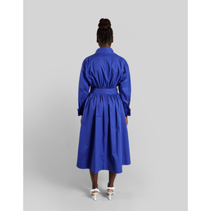 Cotton Belted Gathered Maxi Shirt Dress in Vivid Blue 9
