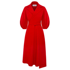 Wide Lapel Asymmetric Red Belted Dress