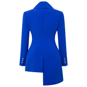 Back view of royal blue asymmetric double-breasted blazer