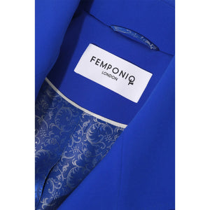 Close-up of collar and neck-facing detail on royal blue asymmetric double-breasted blazer