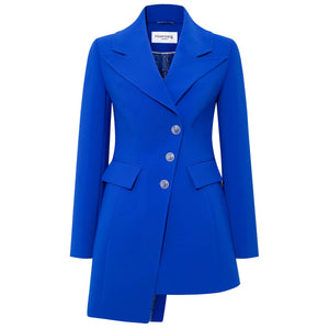 Front view of royal blue asymmetric double-breasted blazer
